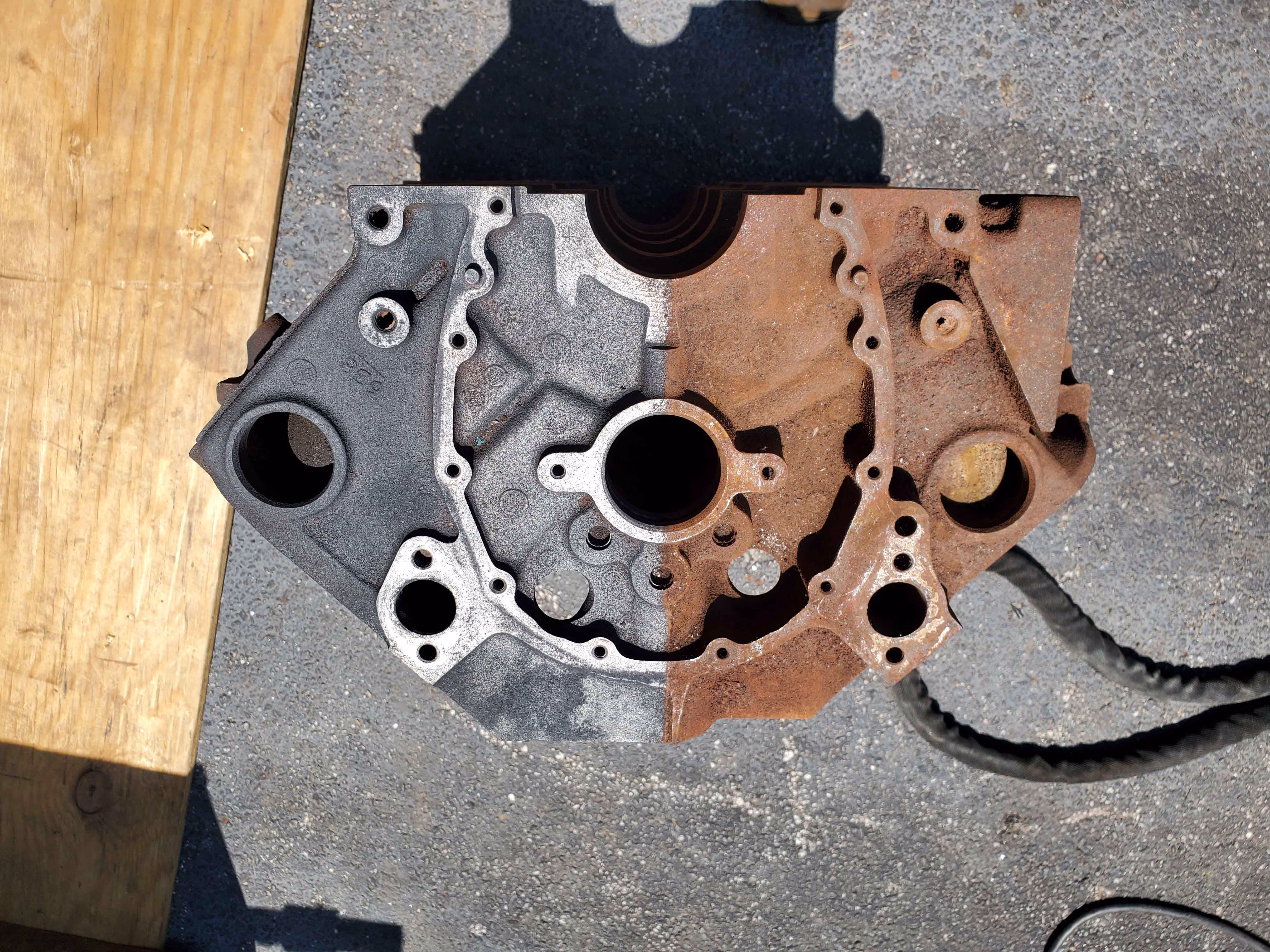 Laser rust removal on engine block.